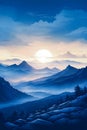 Vector illustration of beautiful dark blue mountain landscape with fog and forest. sunrise and sunset in mountains. Royalty Free Stock Photo