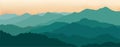 Vector Illustration Of Beautiful Dark Green Mountain Landscape With Fog And Forest. Sunrise And Sunset In Mountains Royalty Free Stock Photo