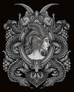 Vector illustration. beautiful demon girl with vintage engraving ornament