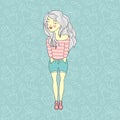 Vector illustration of a beautiful fashion young girl in striped shirt,jeans shorts. Stylish lady on pattern background. Royalty Free Stock Photo