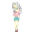 Vector illustration of a beautiful fashion young girl in striped shirt, jeans shorts. Stylish lady on white background.