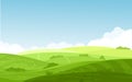 Vector illustration of beautiful fields landscape with a dawn, green hills, bright color blue sky, background in flat