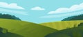 Vector illustration of beautiful fields landscape with a dawn, green hills, bright color blue sky, background in flat cartoon Royalty Free Stock Photo