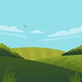 Vector illustration of beautiful fields landscape with a dawn, green hills, bright color blue sky, background in flat cartoon Royalty Free Stock Photo