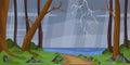Vector illustration of beautiful formidable forest. Cartoon forest landscape with storm,rain, lightning, sea, fallen trees