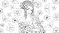 Vector illustration, beautiful geisha girl admires a flower