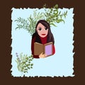 Vector illustration of a beautiful girl with a book and flowers isolated on a delicate background. Greeting card, banner