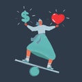 Vector illustration of Beautiful girl chooses between money and love on dark background. Royalty Free Stock Photo