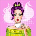 Vector pop art girl with cup of hot coffee Royalty Free Stock Photo