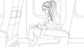 Vector illustration, beautiful girl flies in an airplane, drinks coffee, draws on the tablet