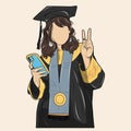 illustration of beautiful girl on graduation day holding cell phone and medal necklace Royalty Free Stock Photo