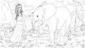 Vector illustration, beautiful girl petting a cheerful baby elephant in the park