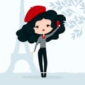 Vector illustration of a girl in red beret with smartphone in Paris