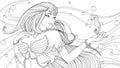 Vector illustration, beautiful girl sea princess and seahorse. Royalty Free Stock Photo