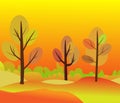 WebVector illustration of beautiful golden autumn landscape on red yellow autumn colors background in modern elegant style with