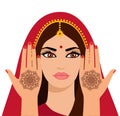 Vector illustration of a beautiful Indian woman with long hair. Element yoga mudra hands with mehendi patterns. Vector illustrati Royalty Free Stock Photo