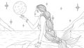 Vector illustration, a beautiful mermaid at night admires the moon on the shore
