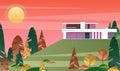 Vector Illustration of Beautiful Modern Cottage. House Exterior, Villa in the Forest, Nature Landscape with Sunset and