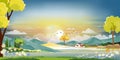 Vector illustration of beautiful morning in spring field landscape with green hills,lake,barn with blue sky and clouds,Flat