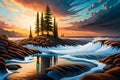 Vector illustration of a beautiful nature landscape with lake and trees at sunset, nature, generative ai Royalty Free Stock Photo