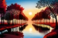 Vector illustration of a beautiful nature landscape with lake and trees at sunset, generative ai Royalty Free Stock Photo