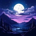 vector illustration of a beautiful night landscape with a full moon and stars Royalty Free Stock Photo