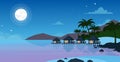 Vector illustration of beautiful night sea beach with hotel. Small villas on the ocean seaside in night time with moon