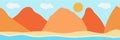 Vector illustration of beautiful panoramic view. Mountains in summer with see or ocean, morning mountain, landscape Royalty Free Stock Photo