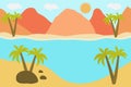 Vector illustration of beautiful panoramic view. Mountains in summer with see or ocean, morning mountain, landscape Royalty Free Stock Photo