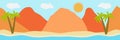 Vector illustration of beautiful panoramic view. Mountains in summer with see or ocean, morning mountain, landscape Royalty Free Stock Photo