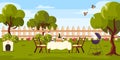 Vector illustration of beautiful picnic in the garden. Cartoon landscape with set table, chairs, grill, dog house, fence