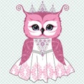 Vector illustration of a beautiful retro bride of an owl pink in a white lace dress with a crown and a necklace of rhinestones.