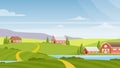 Vector illustration of beautiful rural landscape, farm and fields, river and mountains on background. Countryside