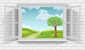 Vector illustration of beautiful scenery of green fields in countryside through view of open window