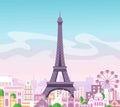 Vector illustration of beautiful skyline city view with buildings and trees in pastel colors. Symbol of Paris in flat Royalty Free Stock Photo