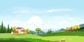 Vector illustration of beautiful spring field landscape with a dawn, green hills,farmhouse and barn with blue sky and clouds,Flat