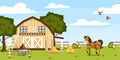 Vector illustration of beautiful summer farm. Cartoon landscape with barn, horse, birds, fence, trees, hay