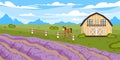 Vector illustration of a beautiful summer farm. Cartoon landscape with lavender field, barn, horse, fence and mountains the