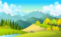 Vector illustration of beautiful summer fields landscape with a dawn, green hills, bright color blue sky, country Royalty Free Stock Photo