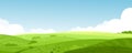 Vector illustration of beautiful summer fields landscape with a dawn, green hills, bright color blue sky, country