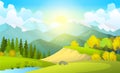 Vector illustration of beautiful summer fields landscape with a dawn, green hills, bright color blue sky, country Royalty Free Stock Photo