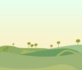 Vector illustration of beautiful summer fields landscape with a dawn, green hills, bright color blue sky, country Royalty Free Stock Photo