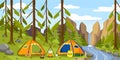 Vector illustration of beautiful summer hike. Cartoon forest landscape with mountains, waterfall, river, tents, guitar, fire