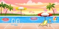 Vector illustration of beautiful summer pool at sunset. Cartoon mountain landscape with swimming pool, beach umbrellas, ball, deck Royalty Free Stock Photo