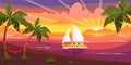 Vector illustration of beautiful summer sea coast. Cartoon beach landscape on the sunset with palm trees, hammock, sailboat Royalty Free Stock Photo