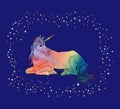 Vector illustration of beautiful unicorn with black contour and watercolor filling isolated on the blue background