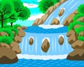 Vector illustration of beautiful water fall. The water is blue and looks clean. There are stones and trees around.