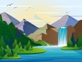 Vector illustration of beautiful waterfall in mountains landscape with trees, rocks and sky. Green wood with wild nature