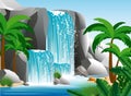 Vector illustration of beautiful waterfall in tropical jungle landscape with trees, rocks and sky. Green palm wood with