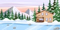 Vector illustration of beautiful winter lake. Cartoon winter landscape with ice lake, snow-covered house, trees, mountains Royalty Free Stock Photo